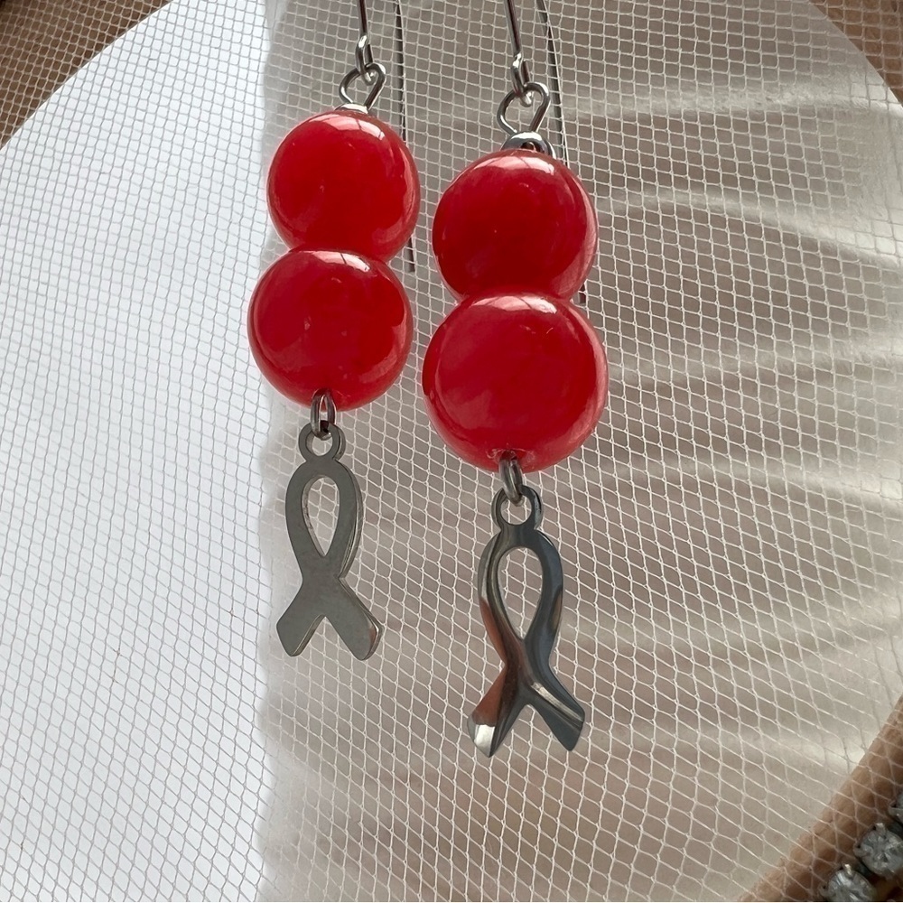 Pink Jade Awareness Ribbon Dangle Earrings - Picture 2 of 11